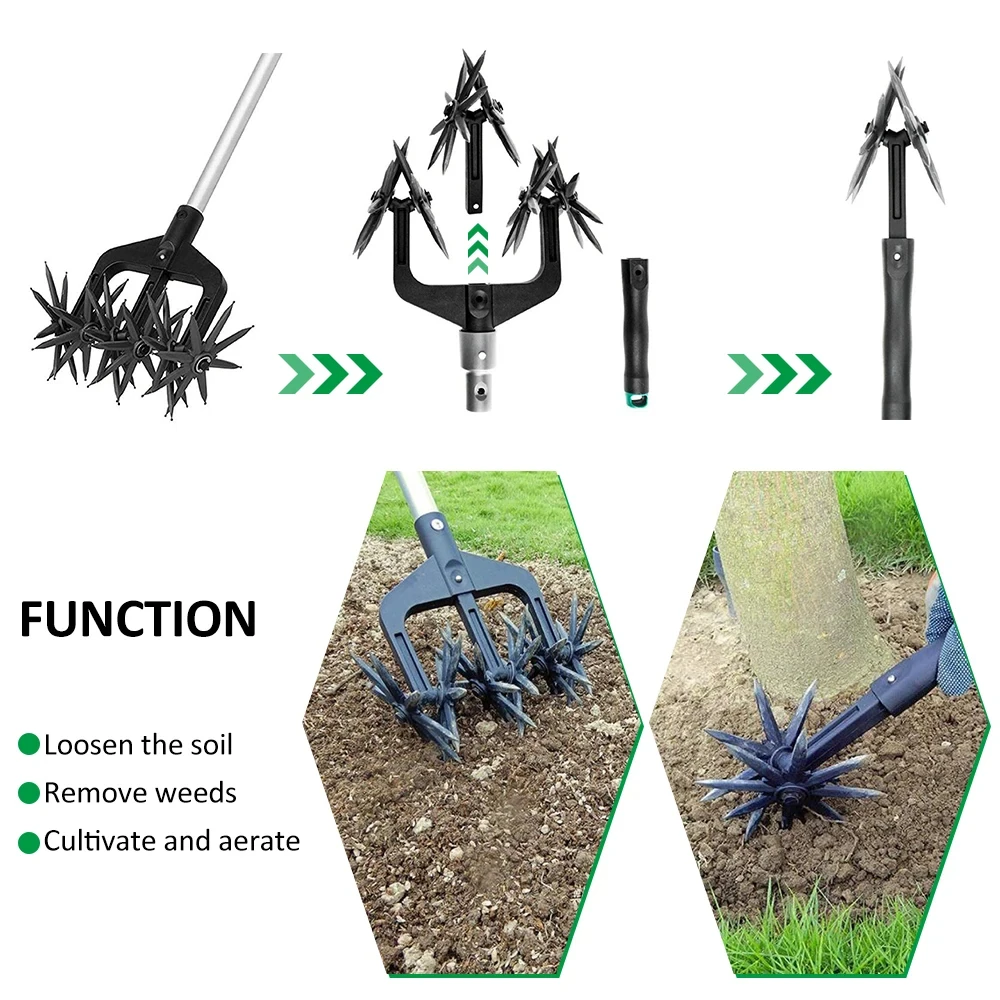 Rotary Cultivator Tool Set Hand Held Garden Cultivator Detachable Tines 2-In-1 Garden Soil Scarifier Reseeding Grass garden cultivator