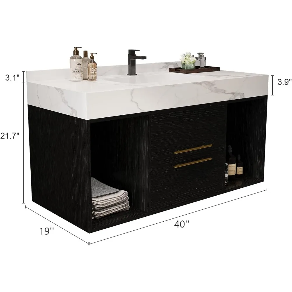 40 Inch Modern Wall Mounted Bathroom Vanity with Ceramic Sink. Quick Assembly Solid Wood Floating Bathroom Vanity Cabinet 2