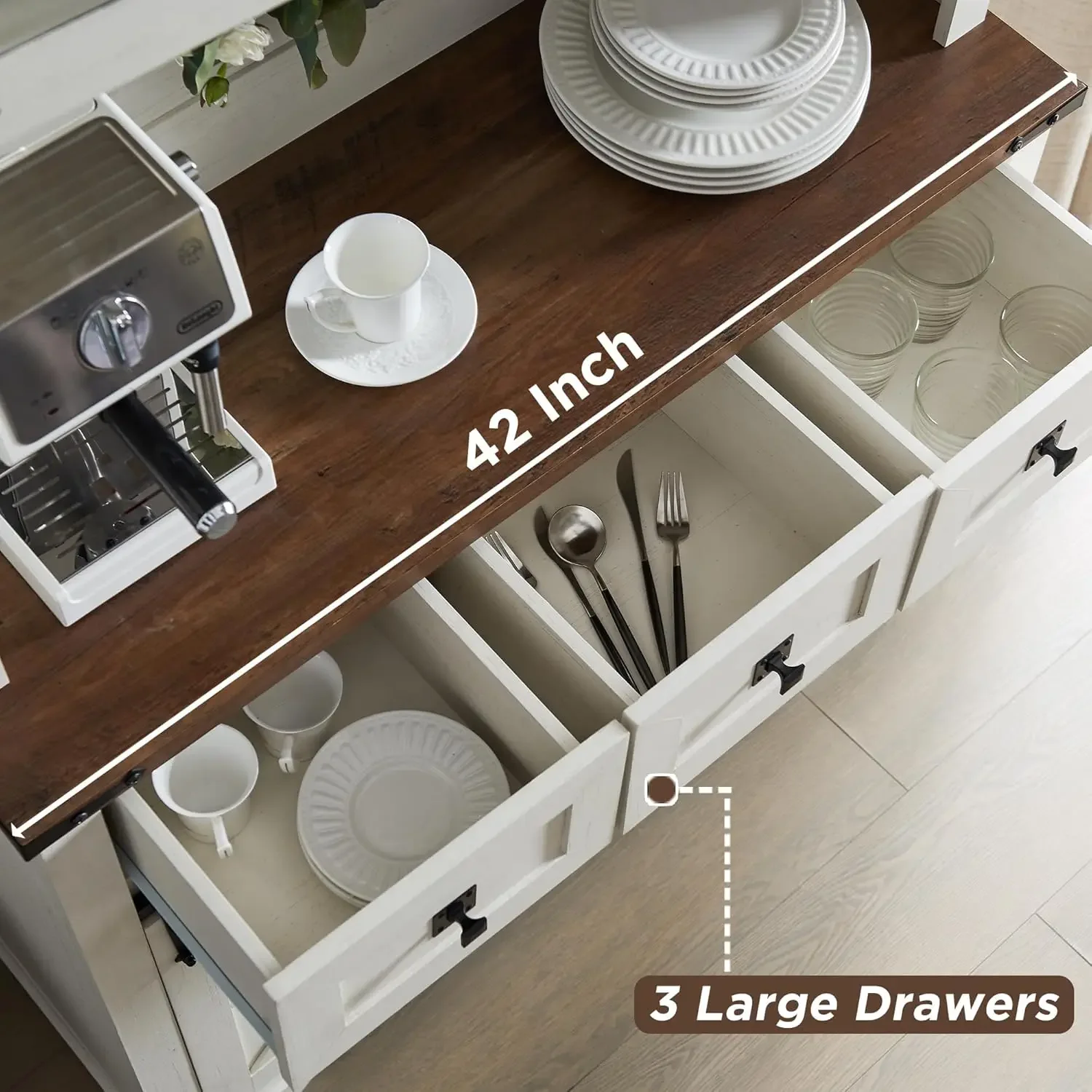 OKD 72" Farmhosue Bar Cabinet with Sliding Barn Door, Large Kitchen Buffet with Hutch w/Wine & Glasses Rack, 3 Drawers,