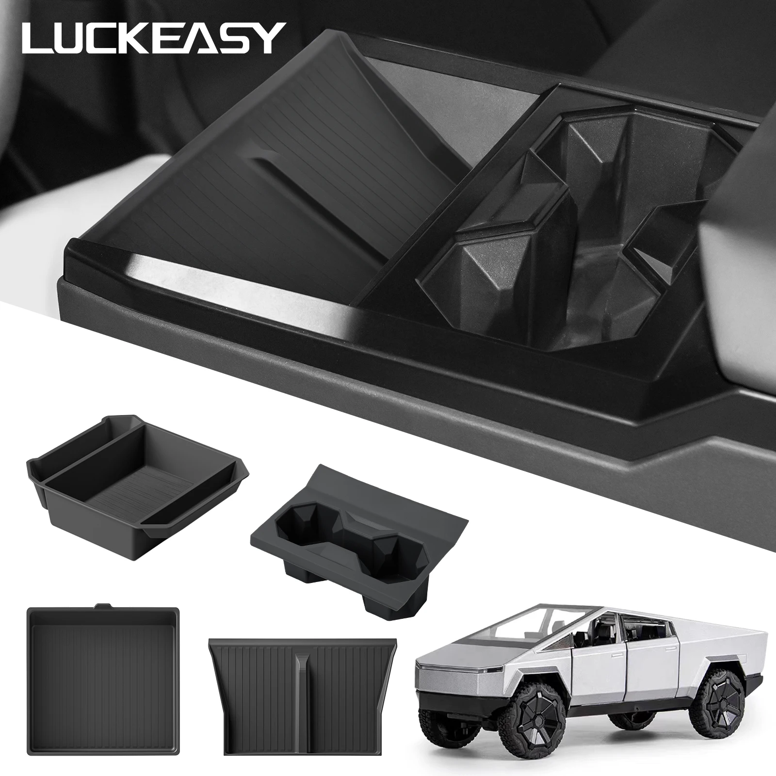 LUCKEASY For Tesla Cybertruck 2025 Car Storage Box Kit Center Console Cup Holder Wireless Charging Mat Organizer Accessories