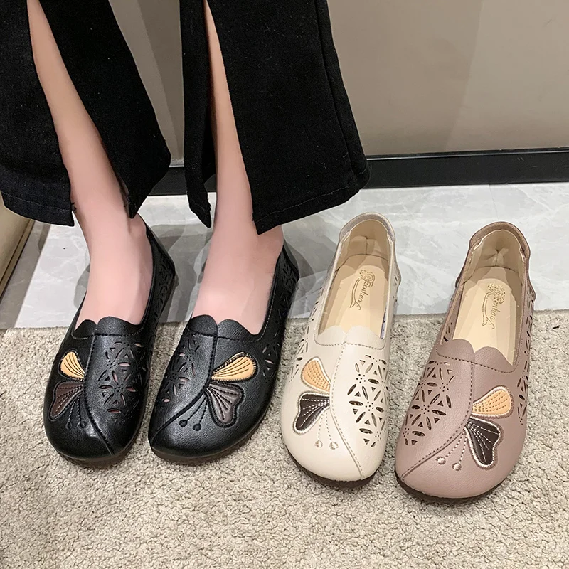 Female Handmade Leather Slip on Loafers Women Shallow Hollow Breathable Summer Flat Shoes Woman  Footwear 2023 New