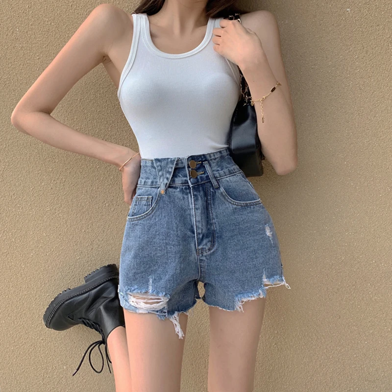 Y2k Fashion High Waisted Jeans Shorts For Women's Summer Blue Raw Edge Korean Style Straight Baggy Street Vintage Denim Shorts kakan new high street erosion damaged ragged edge jeans for men straight slender micro flare jeans k27 mx5020