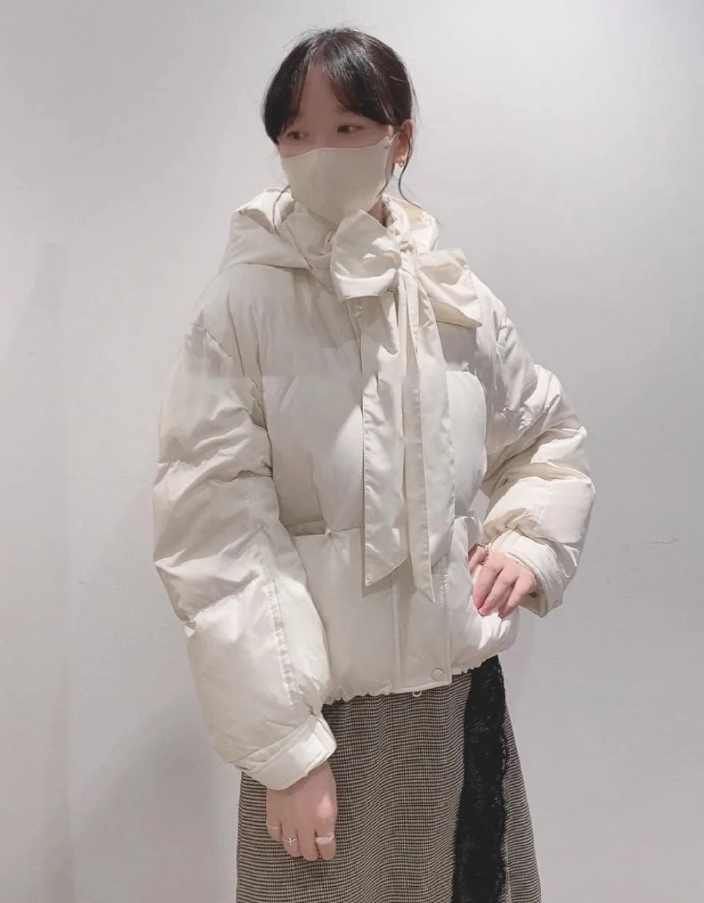 Japanese Style Solid Color All-Match Loose Pockets Short Hooded Down Coat Winter Fashion Long Sleep Bow Lace-up Down Jacket