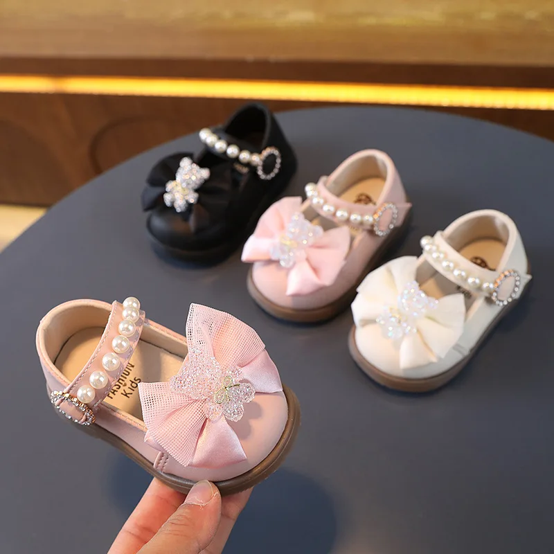 Congme 0-4Yrs Baby Girls Leather Shoes Newborn Toddler Kids Bow Pearl Flat Shoes Cute Crystal Bear Princess Dress