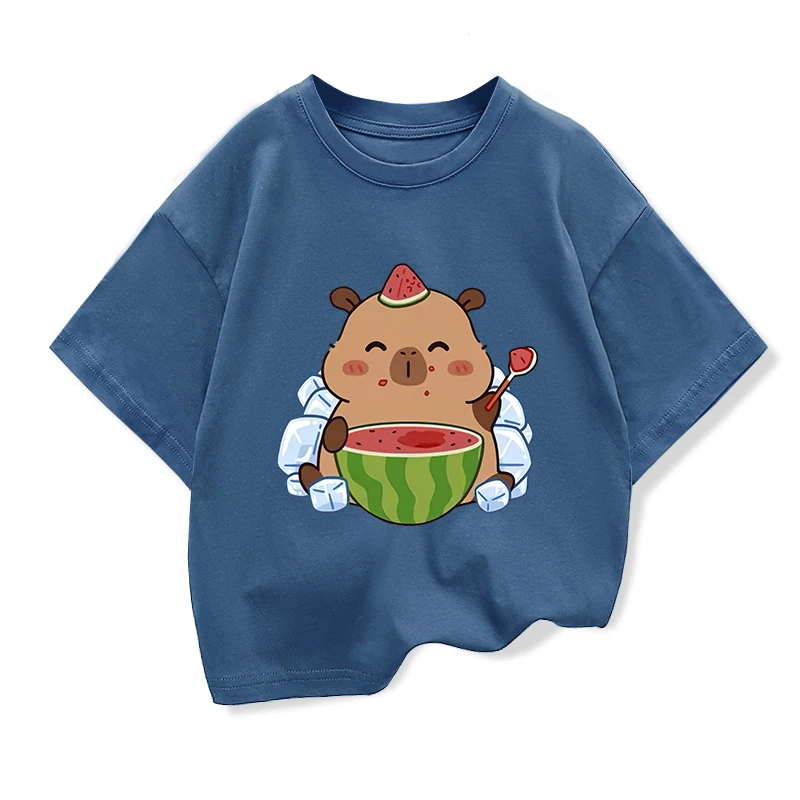 Summer New Capybara Watermelon Printed Cartoon Fashion Short Sleeve T-shirt Kids Clothing Tees Girls Loose Casual Tops T Shirts