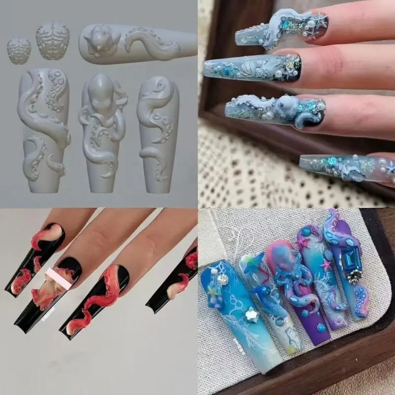 3D 네일 몰드 딥 씨 블루 링 문어 스탬핑 스텐실 UV 젤 폴리쉬 아트 몰드 실리콘 조각 도구 DIY 디자인 네일 참