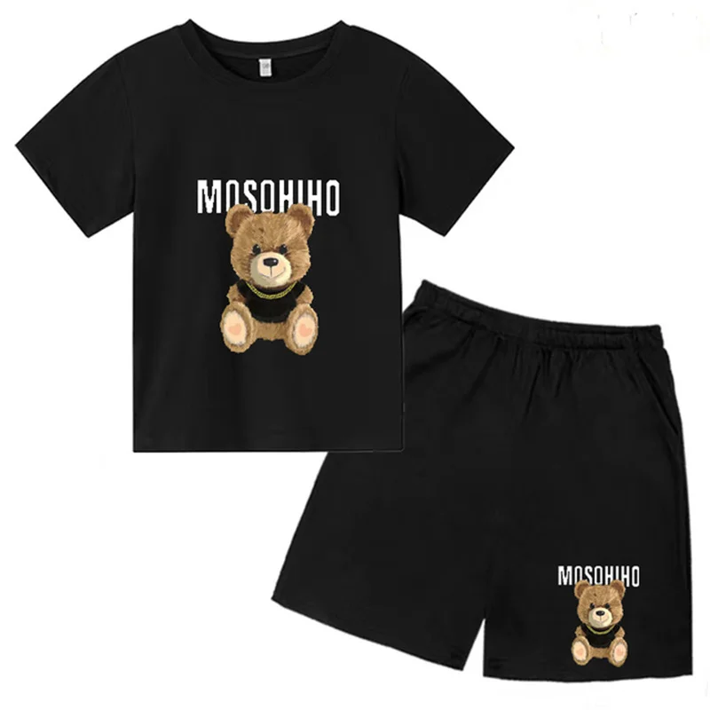 

Summer Children's Age 3-12 Boys Girl Leisure Short Sleeve Round Neck T-shirt +shorts Set Cotton Toy bear brand Print Clothing