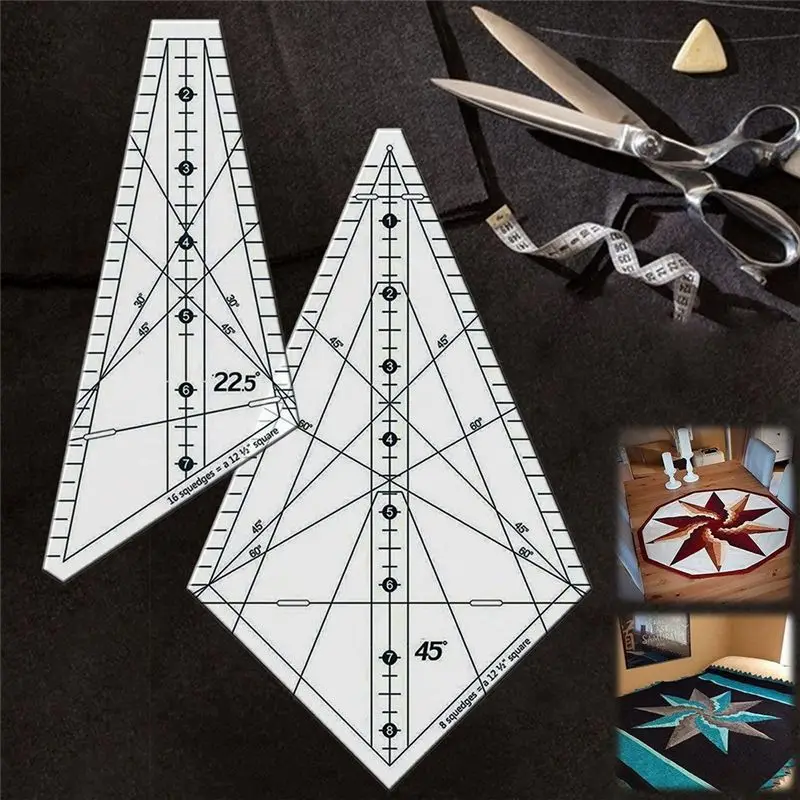 A05E-아크릴 재봉 패치워크 자 스퀘지 22.5 ° /45 ° 바느질 템플릿 자, 패치워크 퀼팅 자, DIY 바느질 스텐실 도구