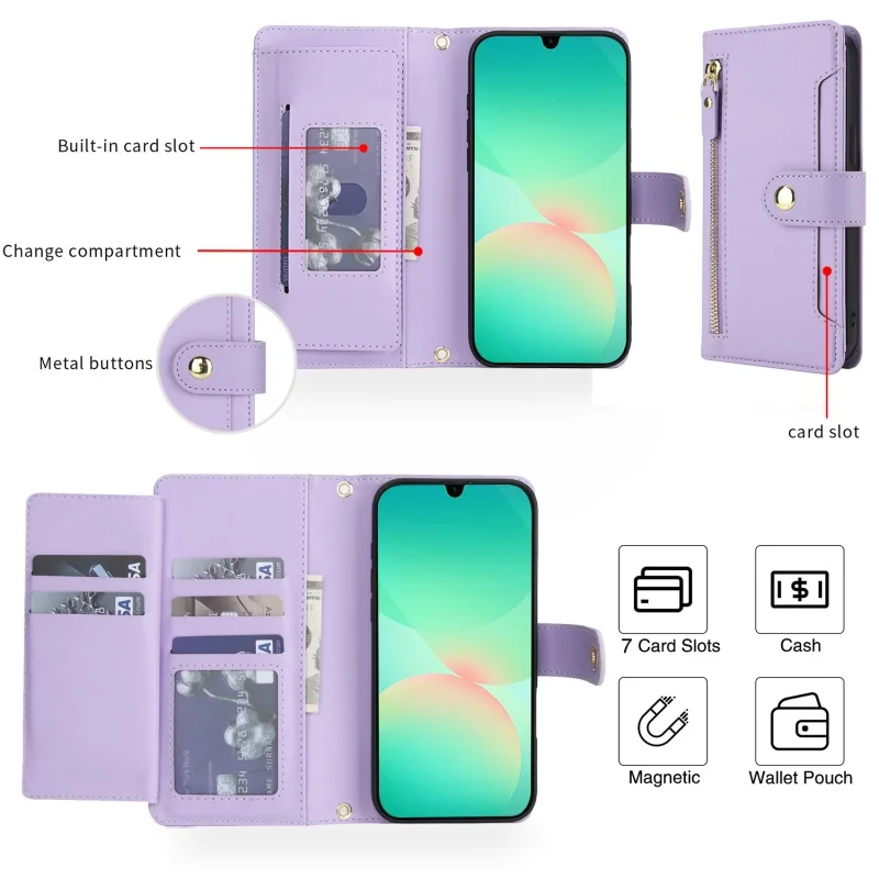 Lanyard Leather Zip Wallet Card Phone Case Cover