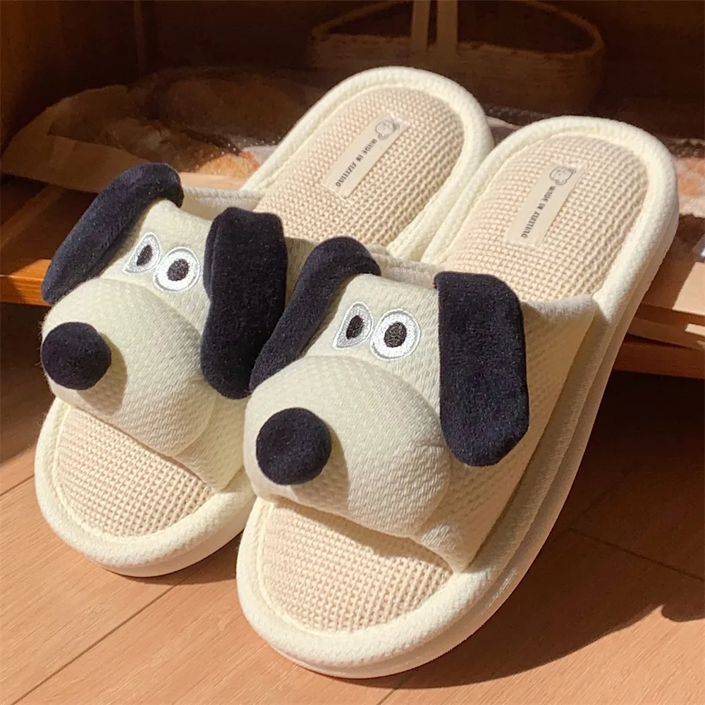 Ladies Soft Sole Casual Couple Style New Shoes Ventilated Comfortable Cute Puppy Pattern Design Non-slip Linen Home Slippers — view 3