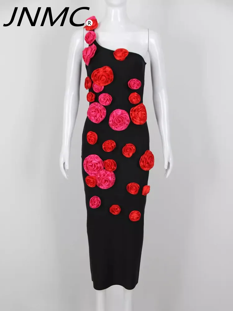 

JNMC Black Fashion Design Sensation Flower One Shoulder Sleeveless Slim Fit Long Dress For Women 2024 Spring Summer New