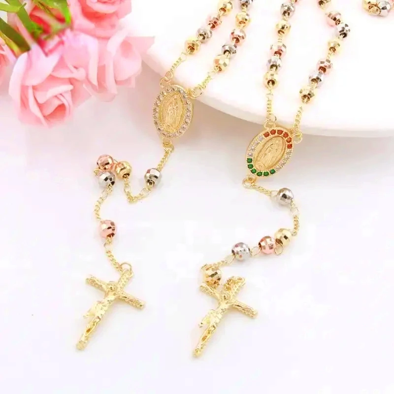 

Luck Gold-plated Rosary Beads Colorful Rhinestone Religious Figures Virgin Cross Jesus God Bless Men and Women Pendant Necklace