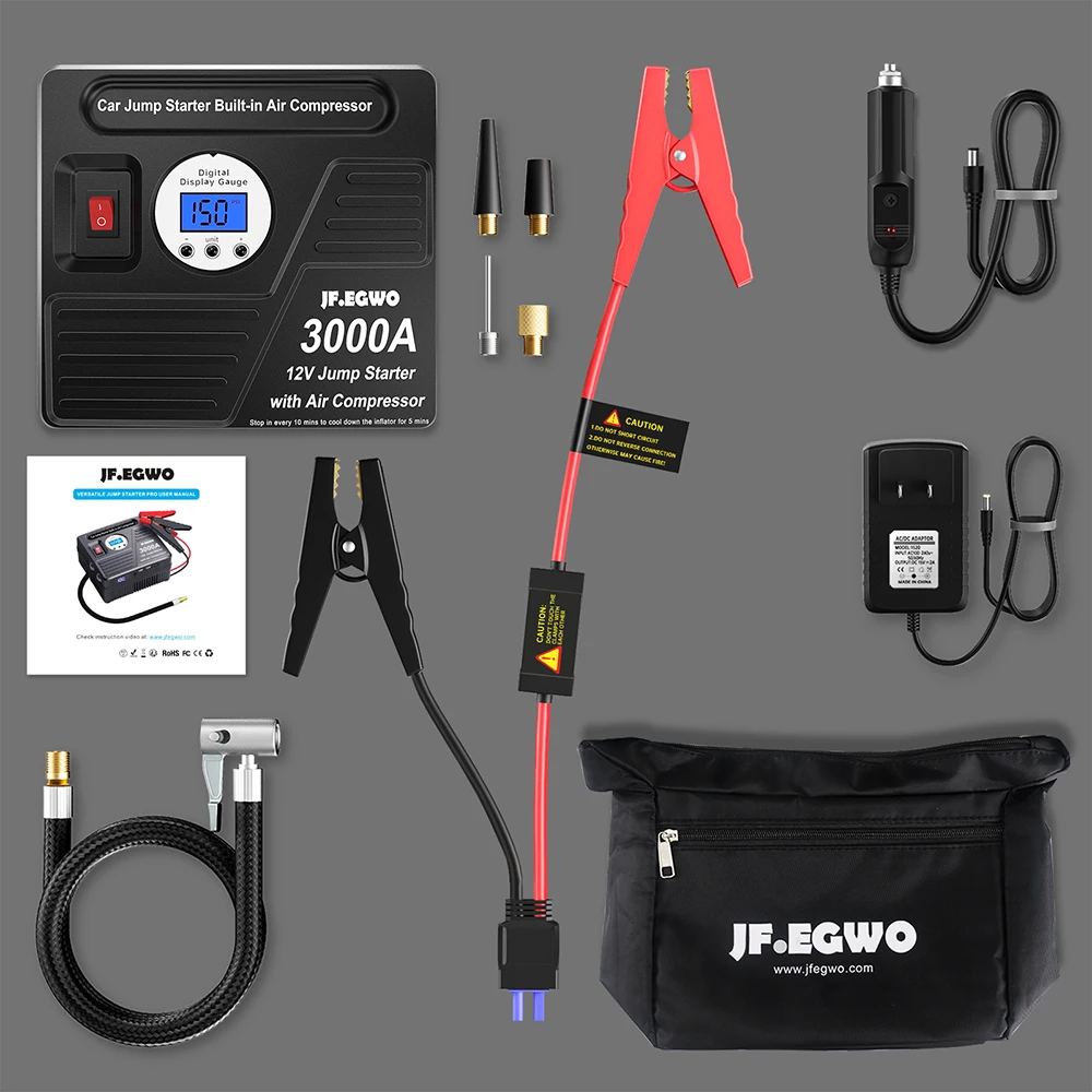 Car Jump Starter 3000A 12V Professional Power Bank With Air Compressor Pump Battery Booster Starter Device For Car