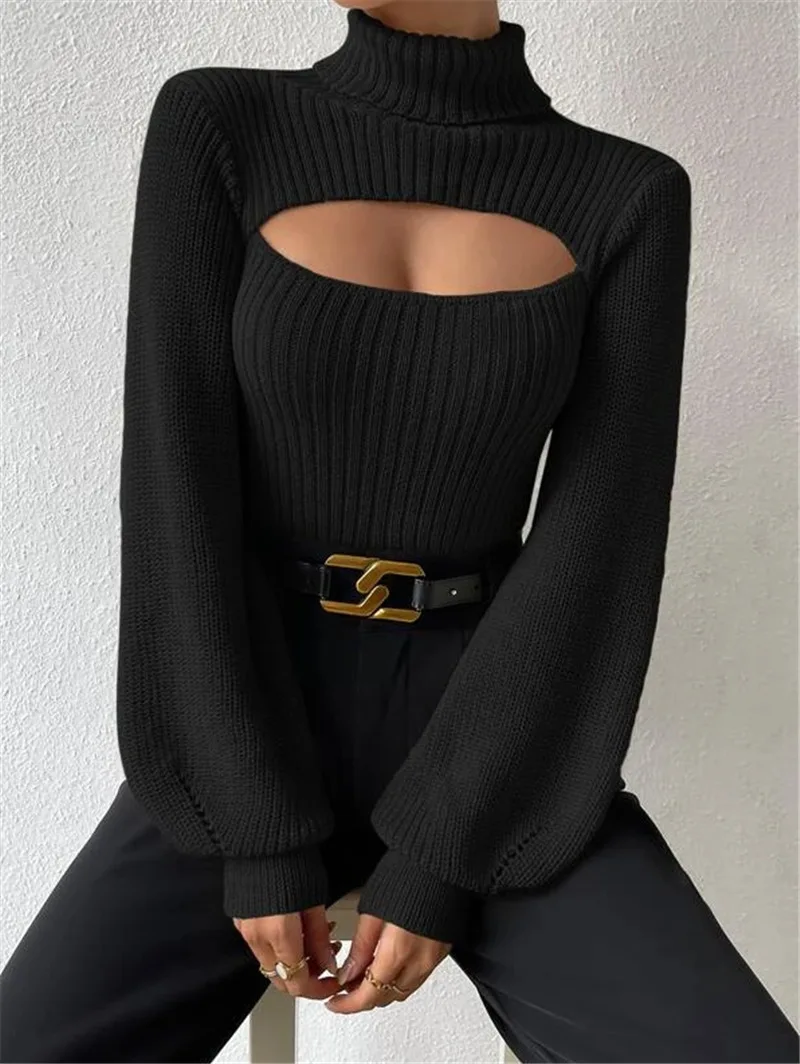 Hollow Out Knit Sweater Pullover For Women Turtleneck Fashion Ribbed High Street Long Sleeve Knitwear Loose Sweater Female