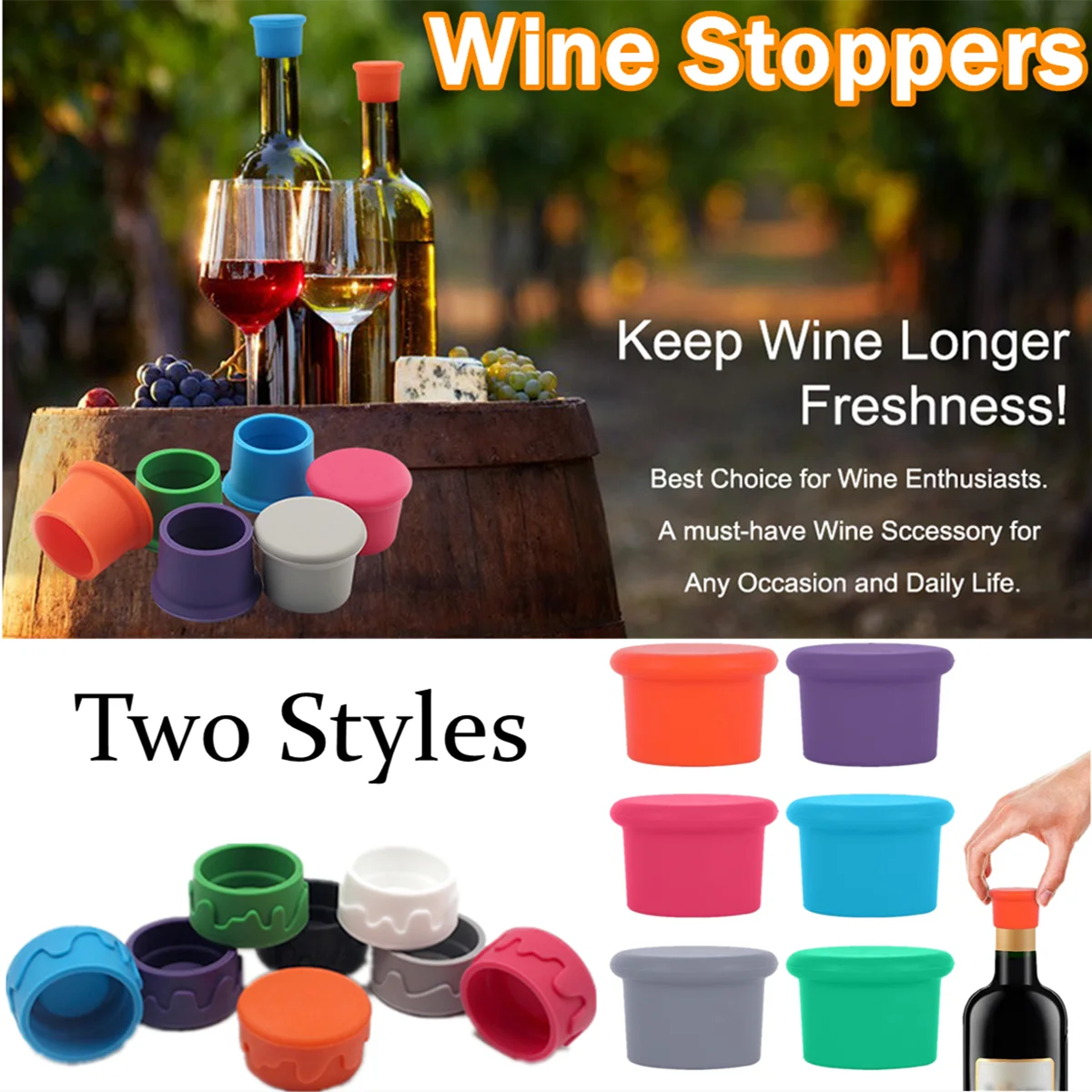 Pack of 5Assorted Colors Silicone Reusable Wine Bottle Caps/Beer Sealer  Cover 