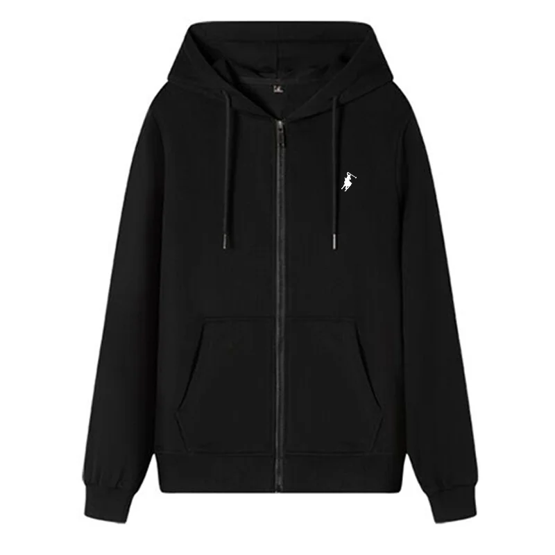 Mens Hooded Jacket Long Sleeved With Drawstring Zipper Closure Solid Color Casual Sportswear