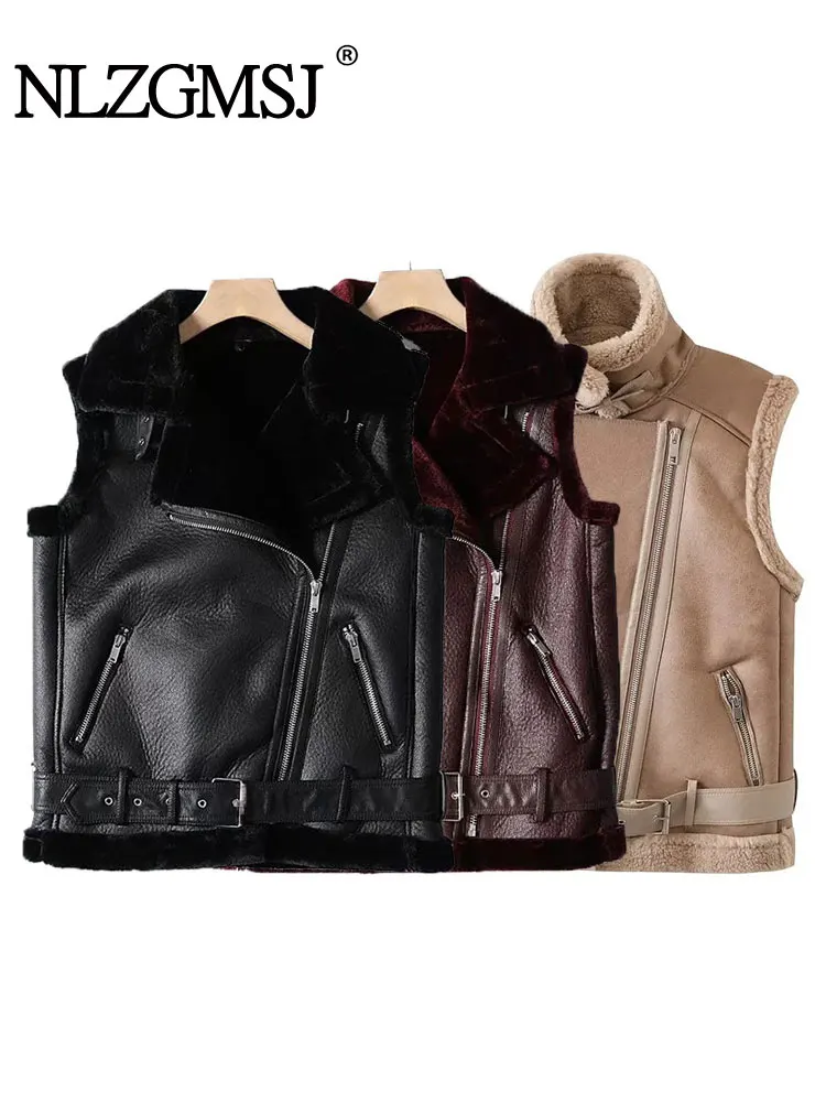 

Nlzgmsj TRAF Women Leather Vest Jackets Sleeveless Windproof Winter Warm Casual Coats Versatile Fur Black Chic Tops Outwear