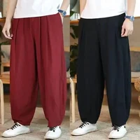 Loose-fit Wide-leg Bloomers China Style Cotton Linen Printing Baggy Pants For Men Casual Pants Extra Large