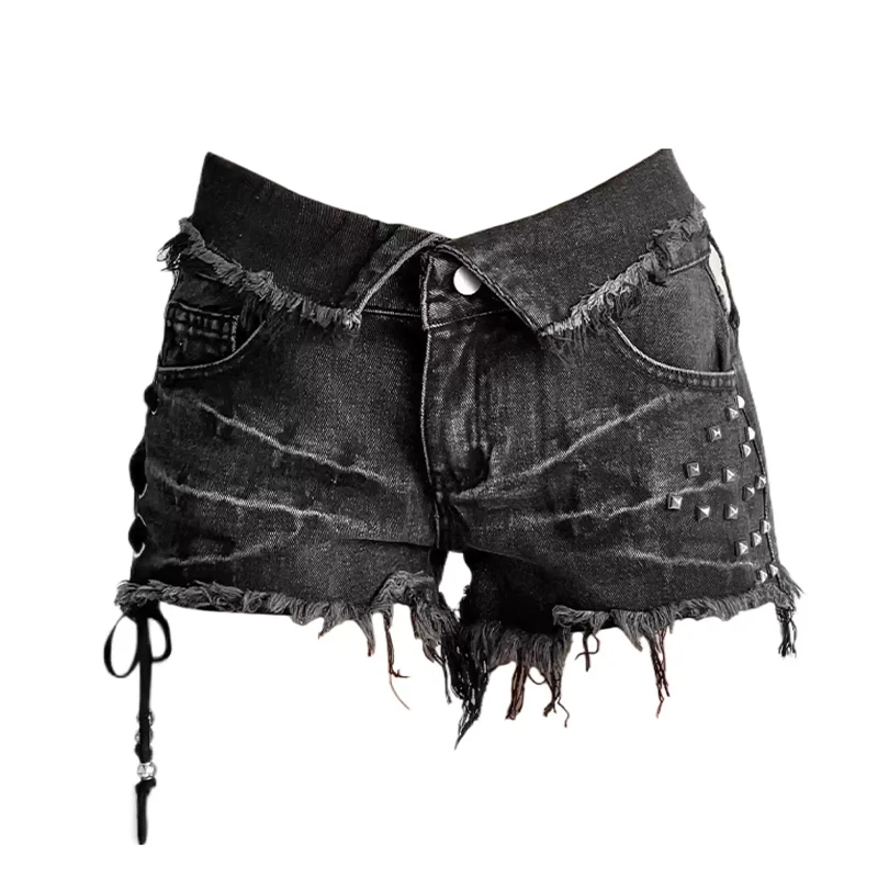 Women's Black Gothic Rivet Cargo Denim Shorts Y2K Harajuku