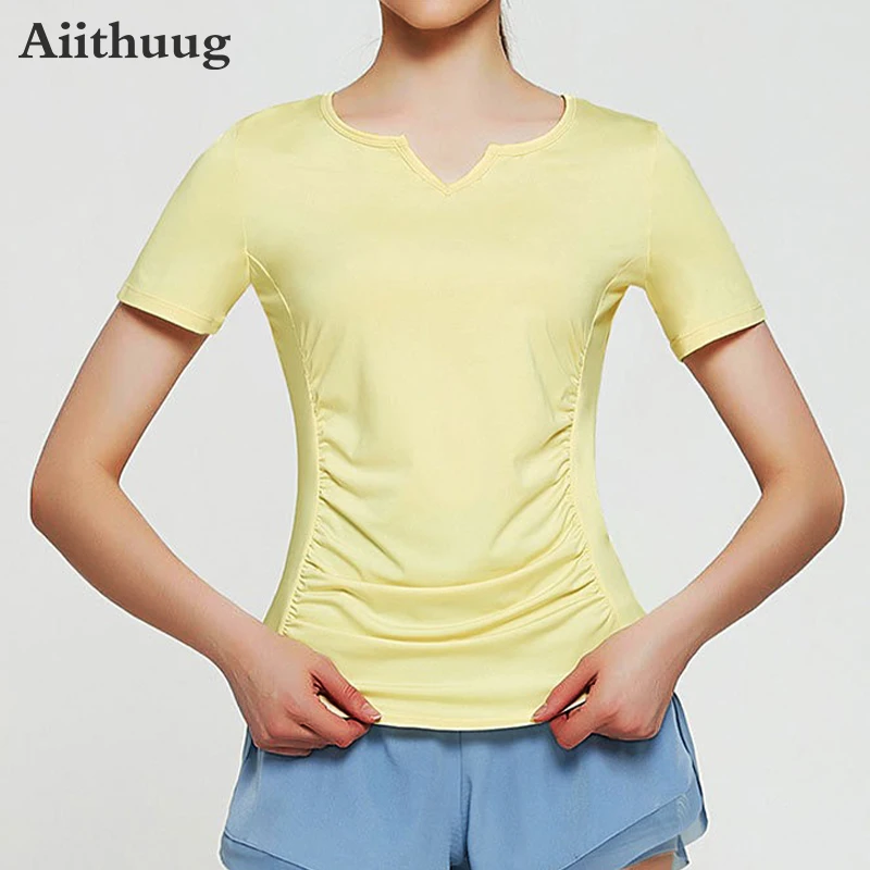 

Aiithuug V-Neck Side Ruched Curved Hem Yoga Tops Women's Short Sleeved Slimming Fit Breathable Workout Pilates Gym Sportwears