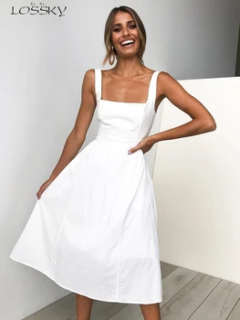 Lossky Casual Solid Dress Women Midi Long Summer Sexy Backless Slip Dresses Ruched Fashion Elegant Party Clothes Leisure 2022 1