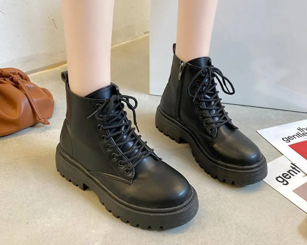 Sexy Women Boots New In Motorcycle Ankle Boots Wedges Female Lace Up Platforms Winter Black Leather Oxford Shoes Women Boots
