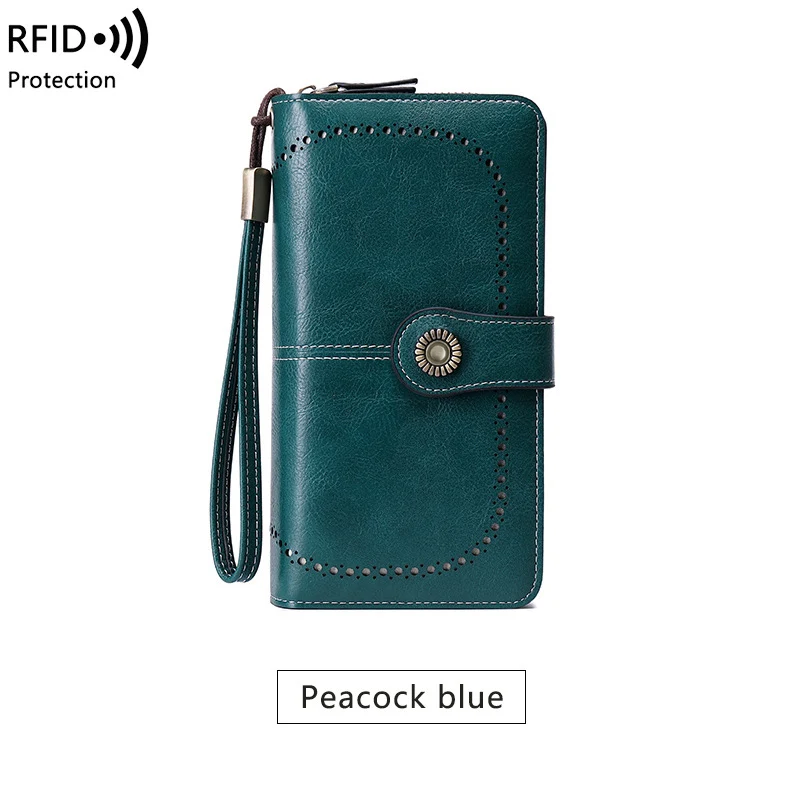 Luxury Texture RFID Blocking Women's Wallet - Retro Hollow Design with Wrist Strap & Large Capacity