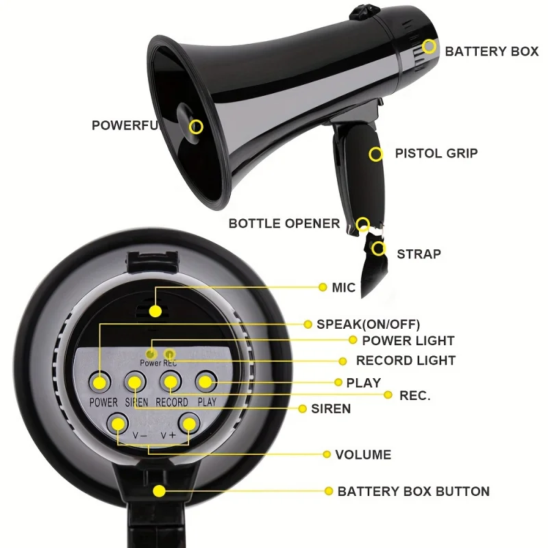 Portable 20 Watt Megaphone Bullhorn-Voice and Alarm Modes, Volume Control, Battery Powered-ABS Material with Strap