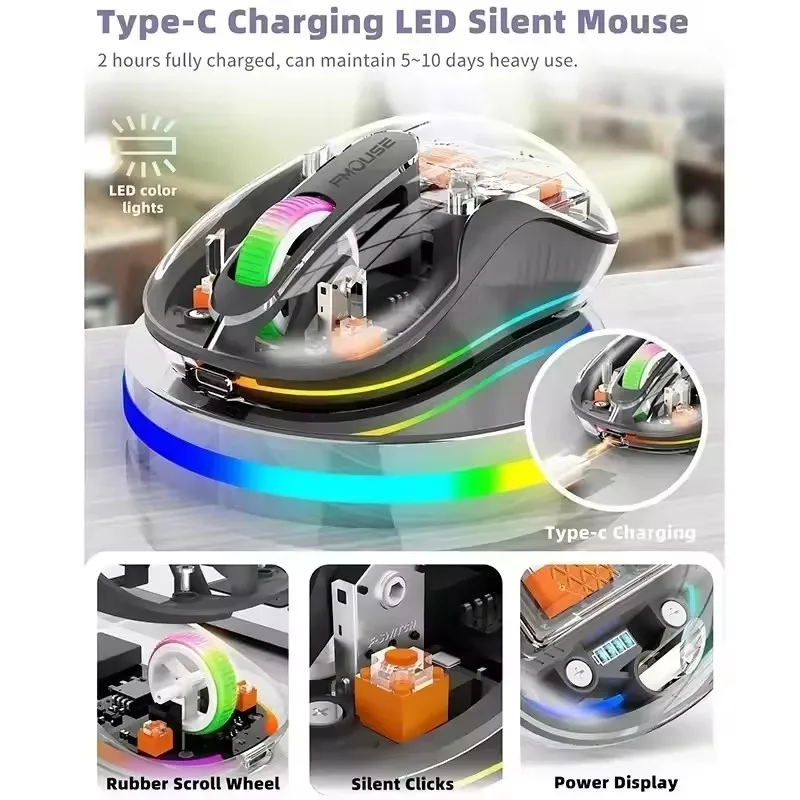 Transparent Mouse Wireless Three-mode Magnetic Suction Mute Rechargeable Mouse For Tablet PC Notebook