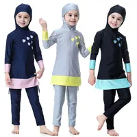 Lovely Muslim Girls Swimwear Burkini Baby Child Teens 1-16Y Islamic Hooded Swimsuit Full Cover Quick Dry Hearts Printing
