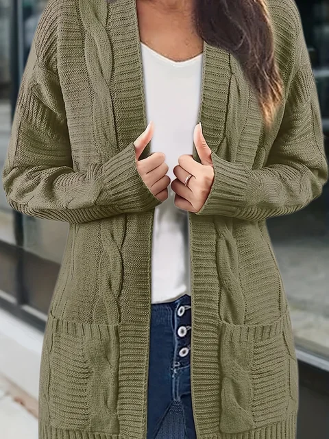Solid Cable Knit Cardigan, Casual Open Front Long Sleeve Sweater, Women's 5