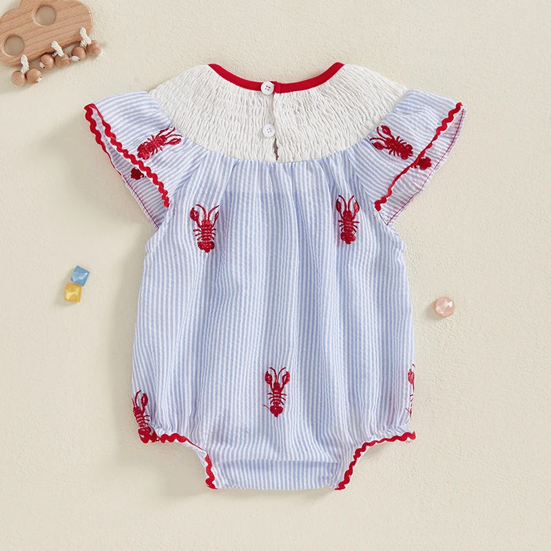 Newborn Infant Baby Girl Smocked Bubble Summer Sleeveless Striped Crawfish Embroidered Romper 3