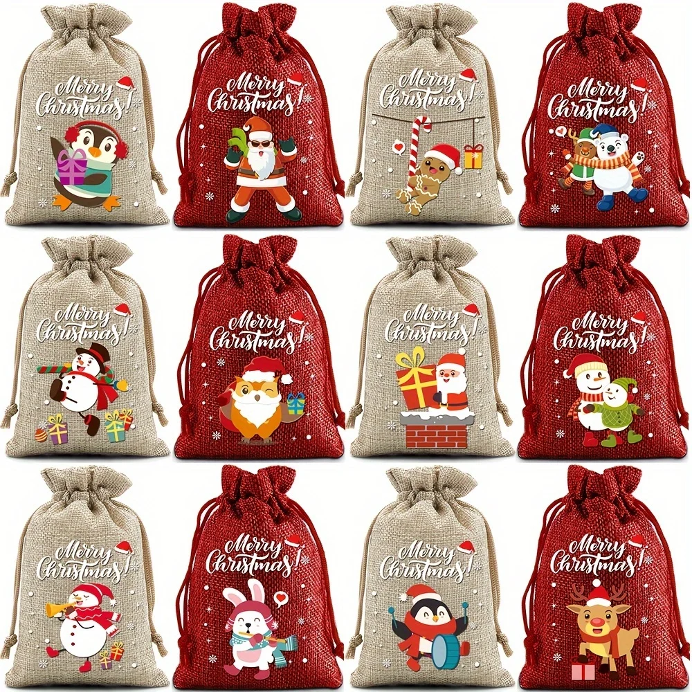 12pcs Christmas Linen Print Drawstring Cookie Candy Pouch for Xmas New Year Party Gifts Storage Bag Christmas Characte