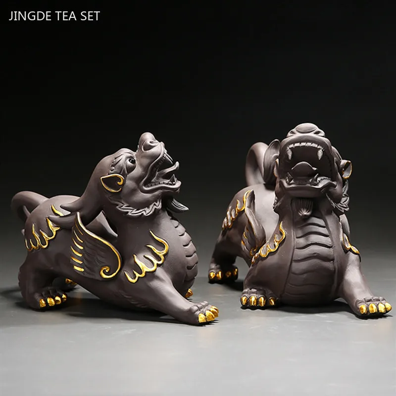 Purple Clay Pixiu Tea Pet Hand-traced Gold Animal Model Ornaments Office Home Tea Accessories Feng Shui Fortune Decoration