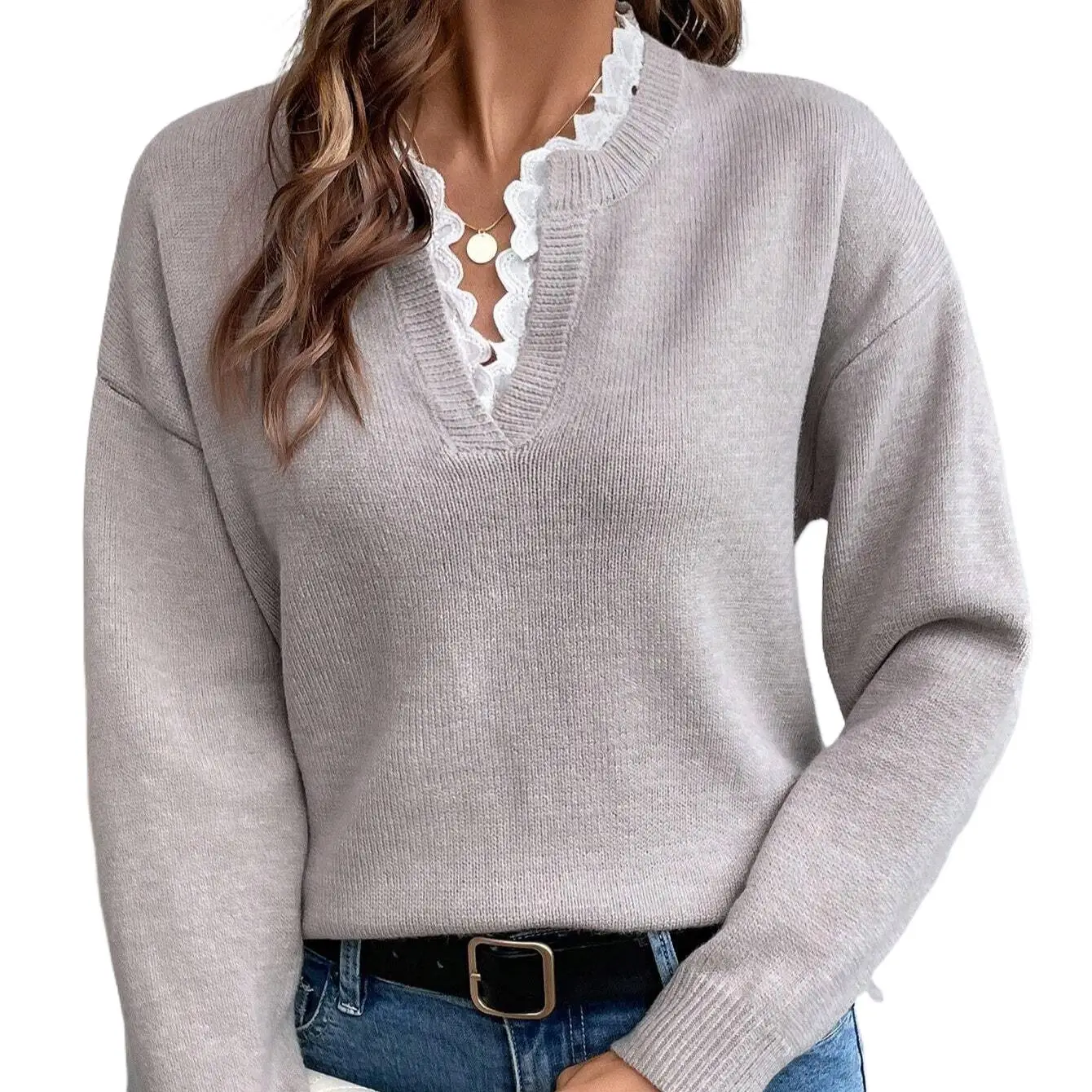 Women Autumn Lace Knitted Sweater Long Sleeve Pullover