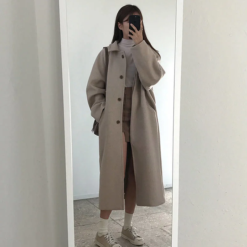 

Женское утепленное пальто, длинное однобортное кашемировое пальто из смешанной шерсти и хлопка, свободная теплая верхняя одежда в Корейском стиле для зимы