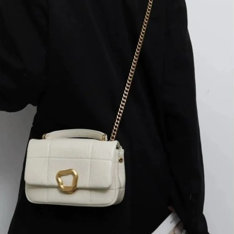White Luxury Small Square Handbag Women Leather Checkered Exquisite Shoulder Bag Ladies Premium Fashion Versatile Crossbody Bag