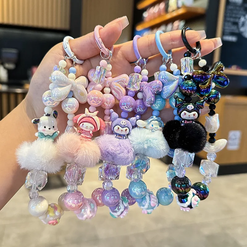 Sanrio 헬로 키티 멜로디 헤어볼 전화 체인 카메라 펜던트 Kuromi 손으로 그린 ??파란색 카와이 팔찌 키 체인
