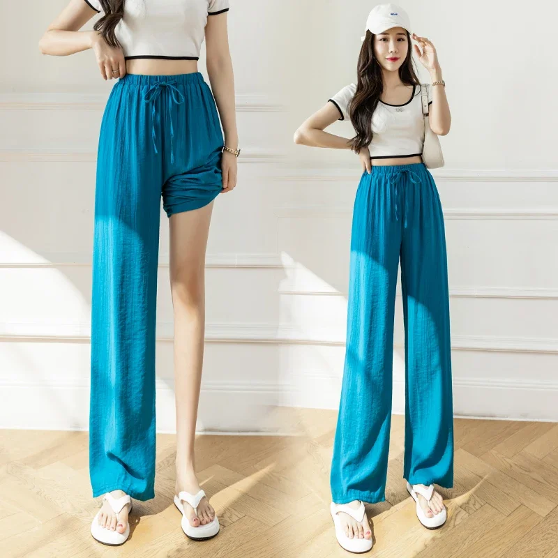 Korean Fashion Ice Silk Cool Pant Streetwear Women Wide Leg Pants Womens Casual Summer Girls Drawstring Baggy Trouse