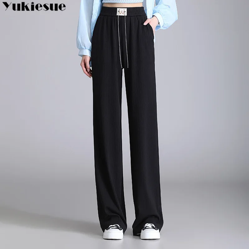 

Women Cool Sweatpants Summer Thin Pleat Loose Straight Pants Office Lady Casual Drawstring Long Trousers Ice Silk Wide-Leg Pants