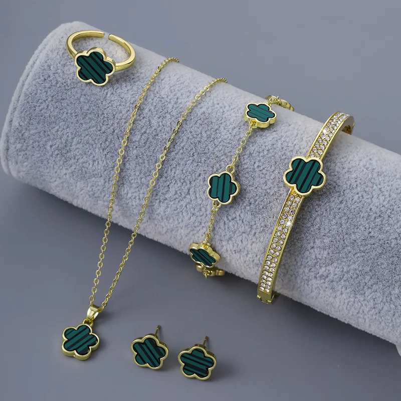 5Pcs Luxury Five-leaf Flower Jewelry Set for Women Sparkle CZ Bangle Necklace Earrings Bracelet Clover Jewelry