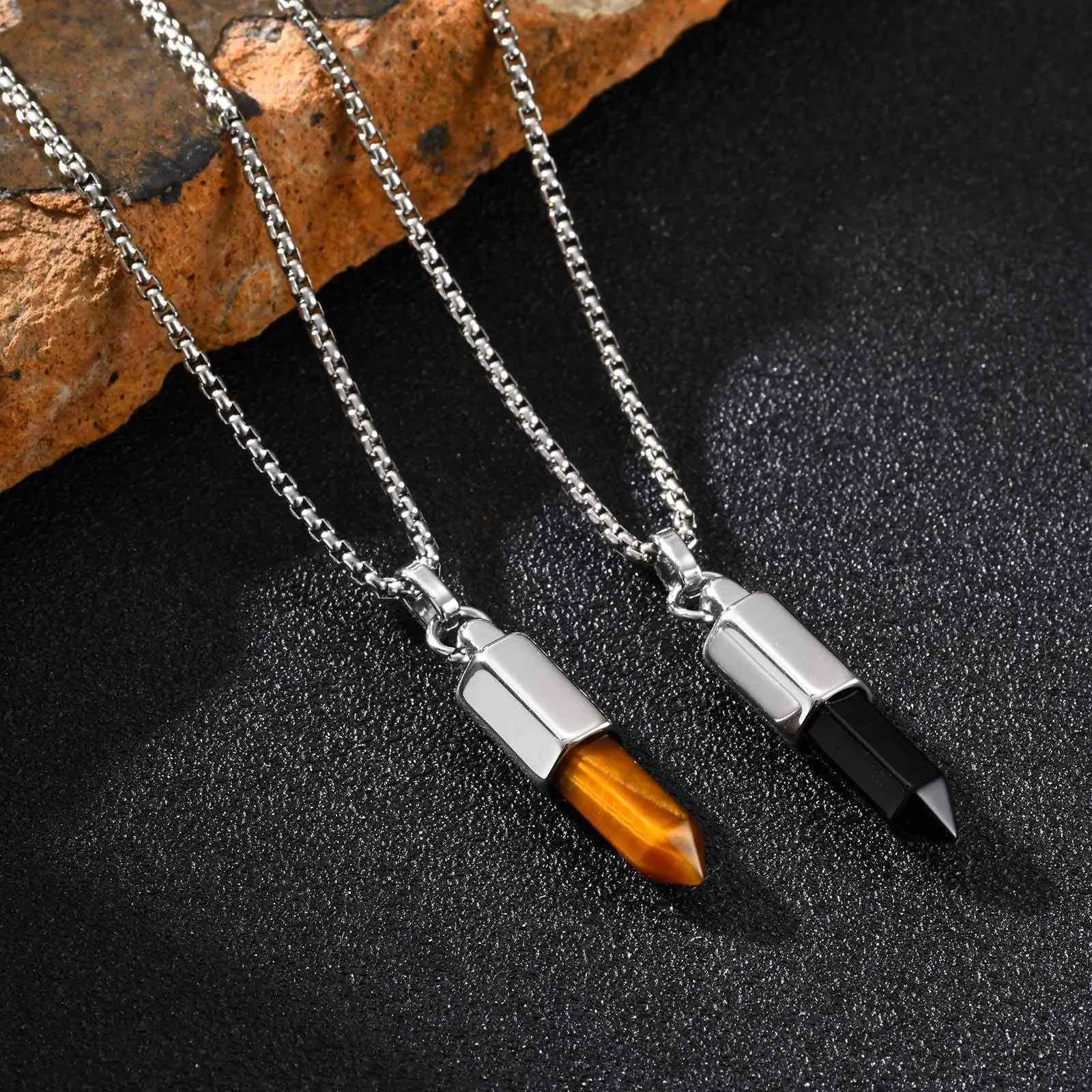 Stylish Men's Natural Stone Bullet Necklaces,Vintage Gemstone Healing Stainless Steel Pendant Necklace,Birthday Father Gift