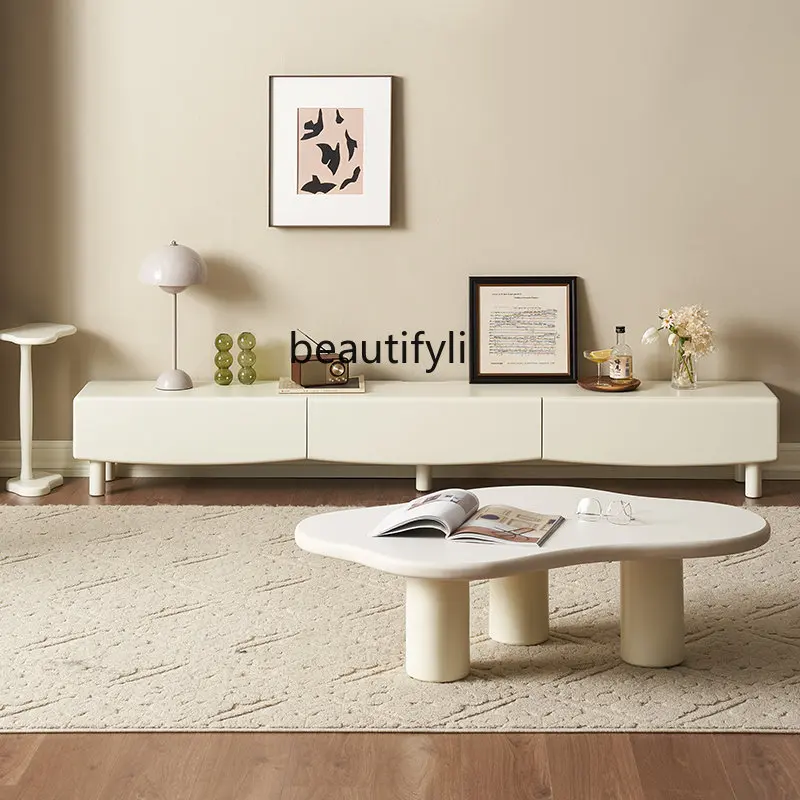 

Solid Wood TV Cabinet White Cream Style Modern Minimalist Small Apartment Living Room TV Stand
