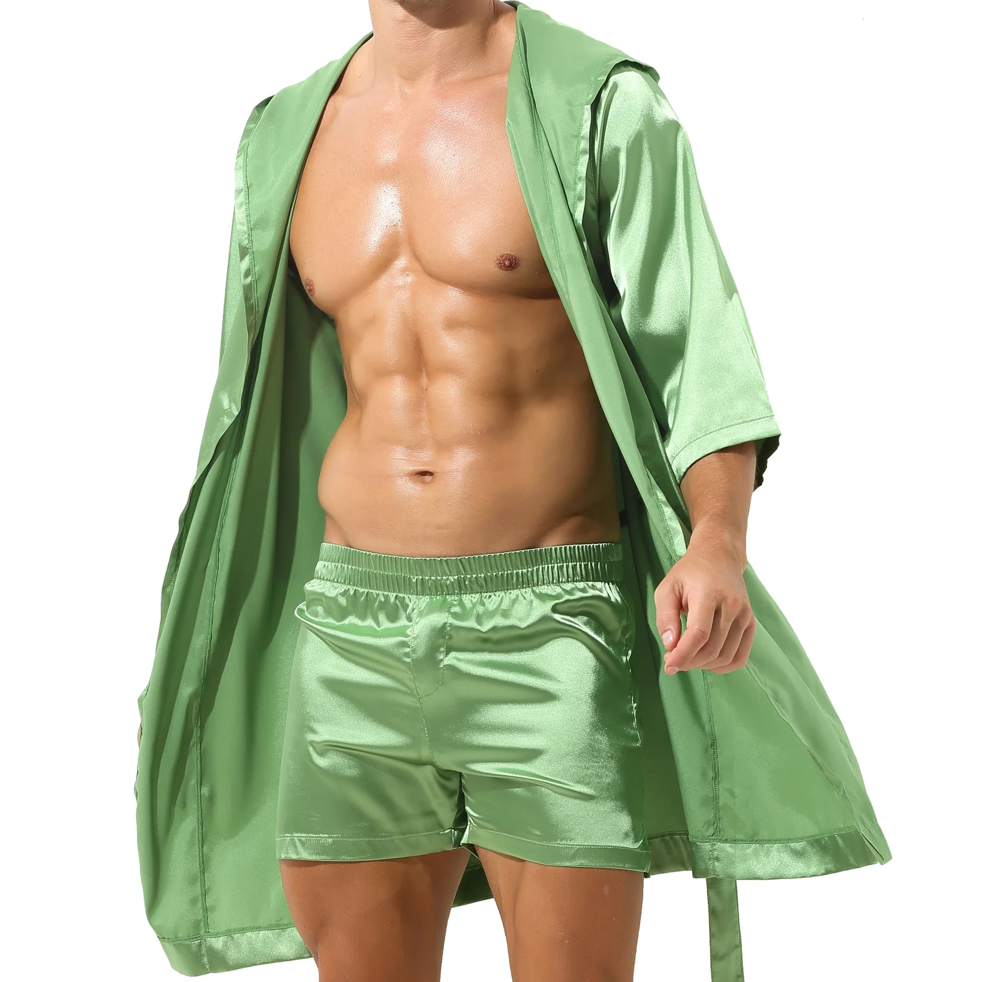 Men Bathrobe Hooded Male Silk Stain Short Sleeve Bath Robe Sleepwear Sexy Men Dressing Gown Bathrobe Nightgown Pajama Loungewear