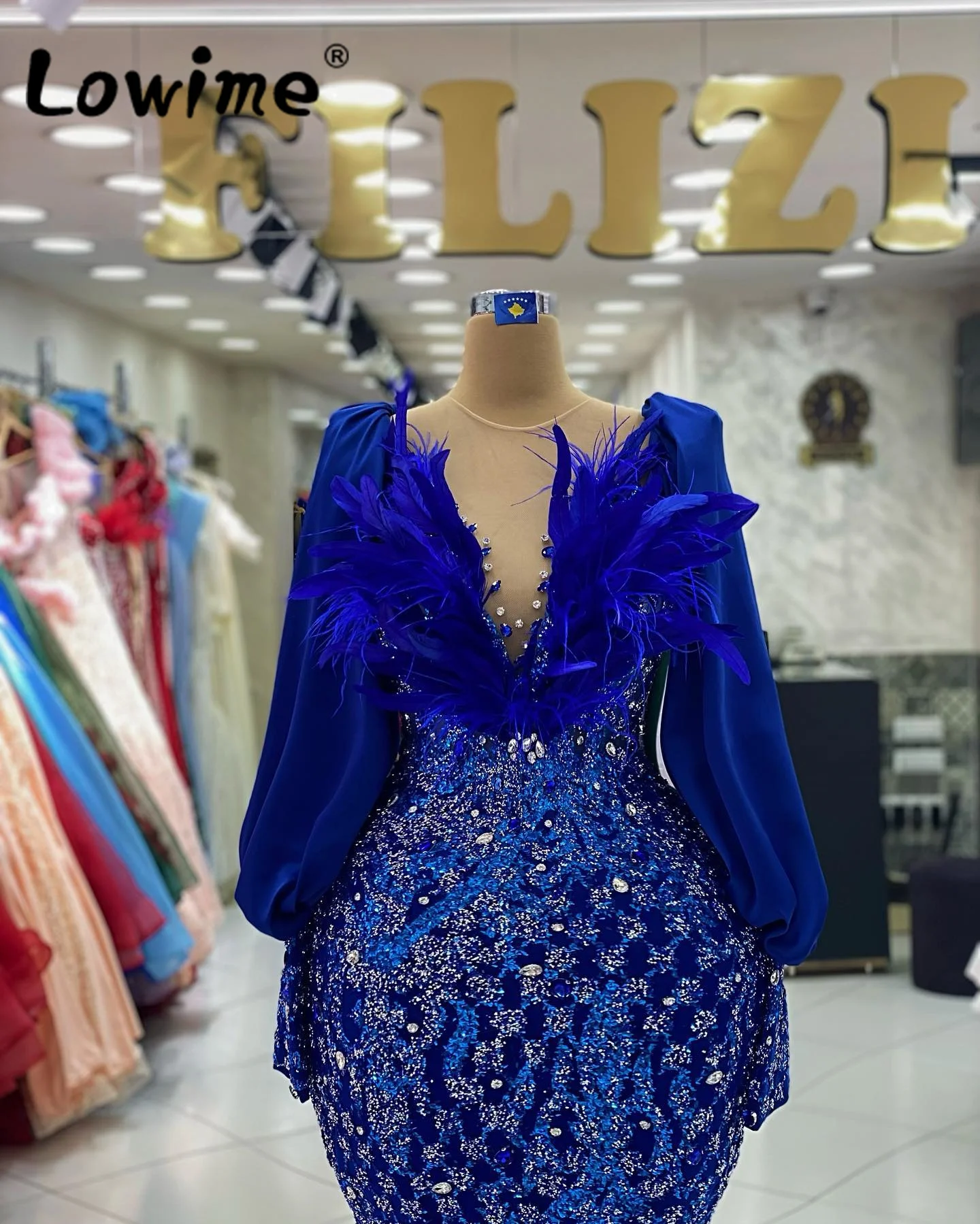

Feathers Party Dresses Royal Blue Evening Gowns Long Sleeves Arabic Women Formal Tailor Made Crystal Sequins Prom Dress 2023