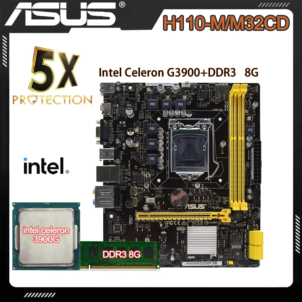 ASUS H110M/M32CD Motherboard Set With Intel Celeron G3900+ DDR3 8GB