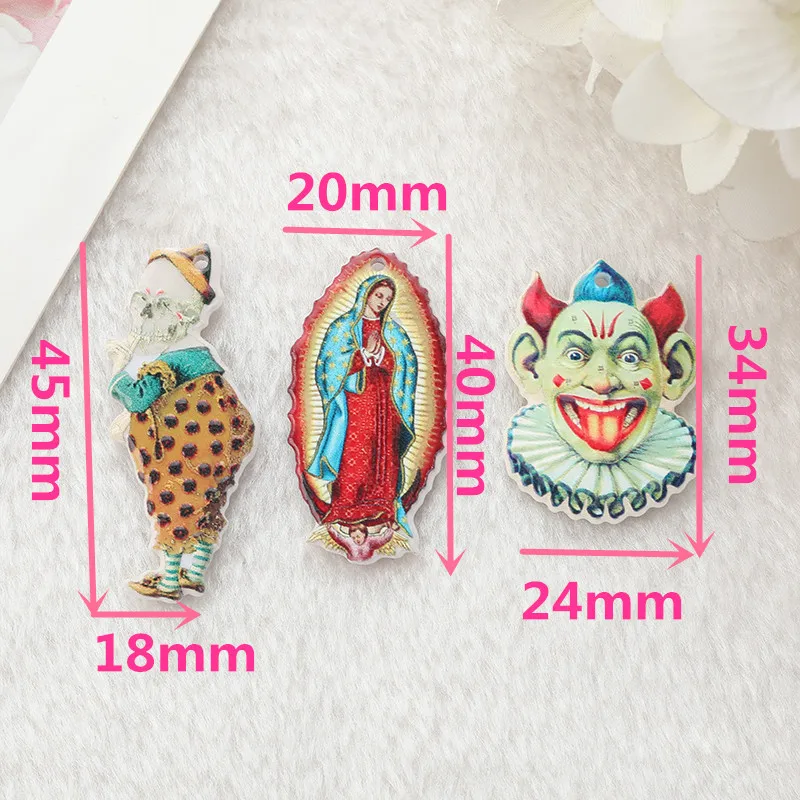 6pcs Vintage Halloween Skeleton Clown Charms Creative Acrylic Virgin Mary Jewelry Findings For Earring Necklace Diy