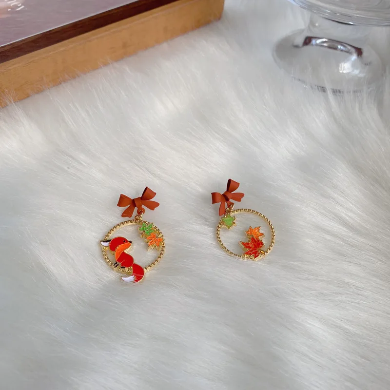 Cartoon Animal Fox Yellow Maple Leaves Earrings for Women Cute Bow Dangle Earring Party Jewelry Gifts