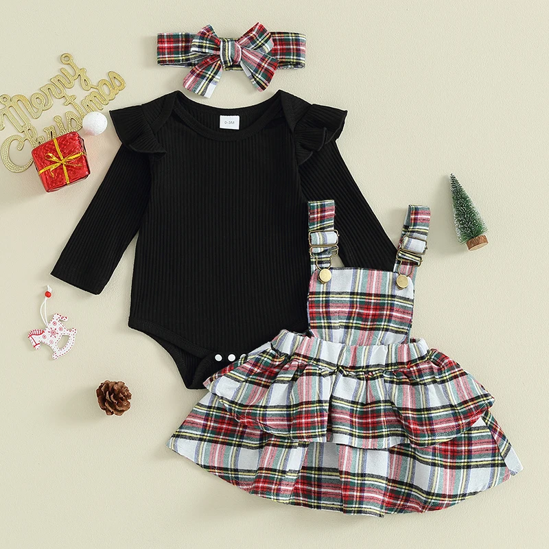 

2023-10-20 Lioraitiin 0-24M Baby Girls 3PCS Skirt Sets Black Long Sleeve Ruffle Romper Plaid Suspender Skirt Headband Sets