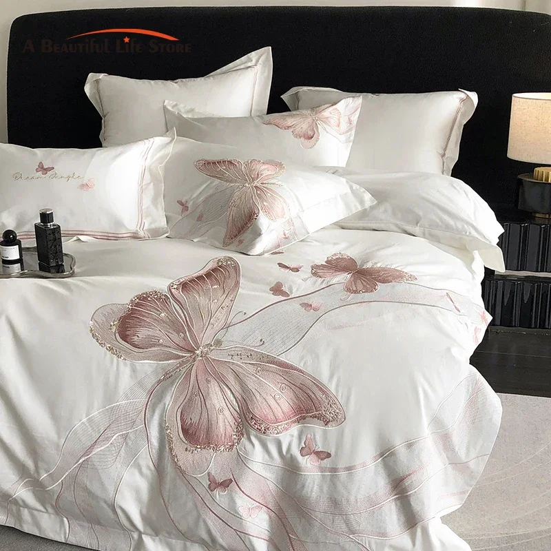 

1000TC Egyptian Cotton White Luxury Bedding Set Chic Butterfly Embroidery Queen King Size Duvet Cover Set Bed Sheet Pillowcases